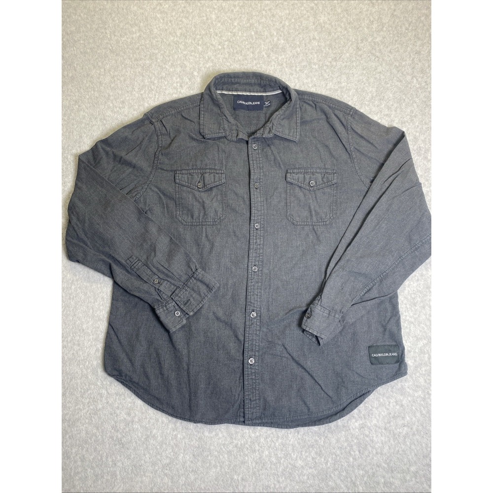 Calvin Klein Jeans Mens Gray Long Sleeve Button Up Shirt Double Pocket Size 2XL